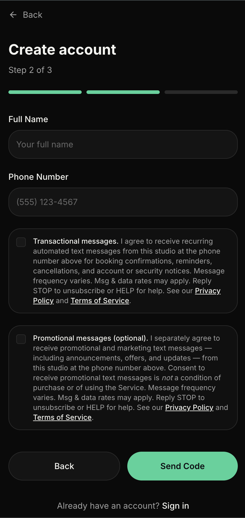 Screenshot of the two SMS opt-in checkboxes (transactional and promotional) and disclosures on the Ascend sign-up page